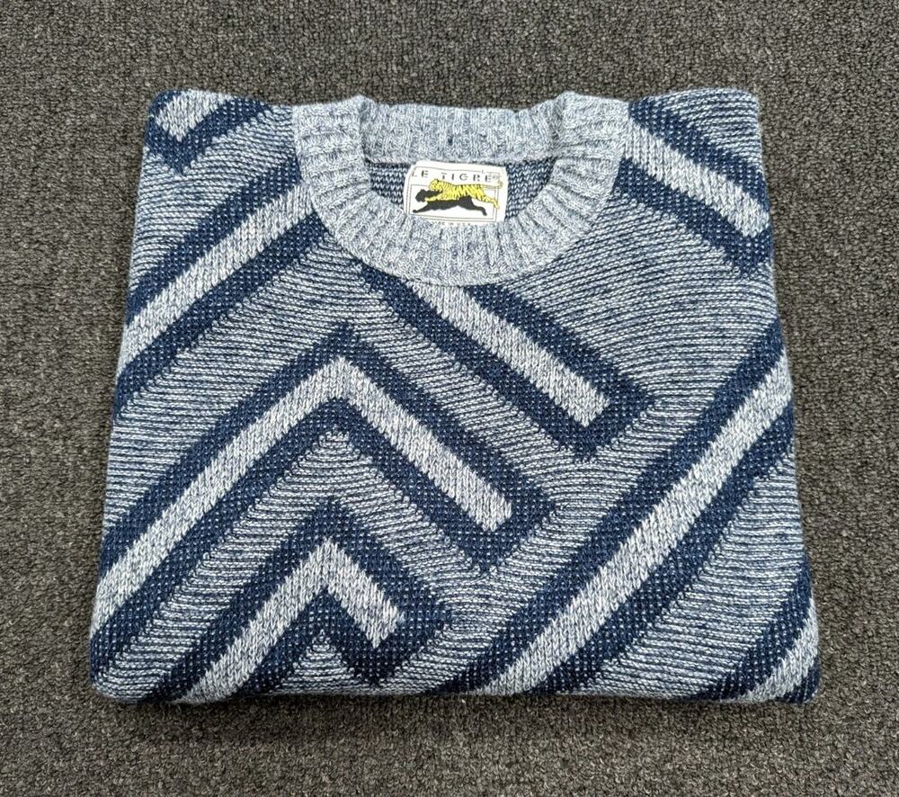 Le Tigre Vintage Knit Crewneck Sweater Blue Stripped Geometric Pattern Size L